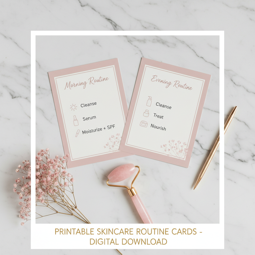 The Glow Edit printable skincare routine cards flat lay